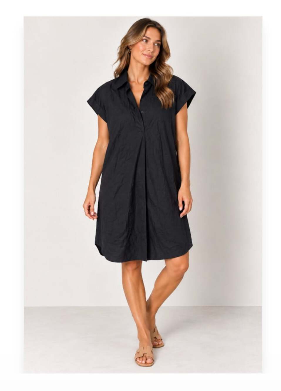 J.Crew Shirt Dress Womens Medium Black Collared Cap Sleeve Casual Short Pullover